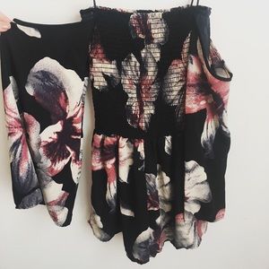 Off-the-shoulder romper.